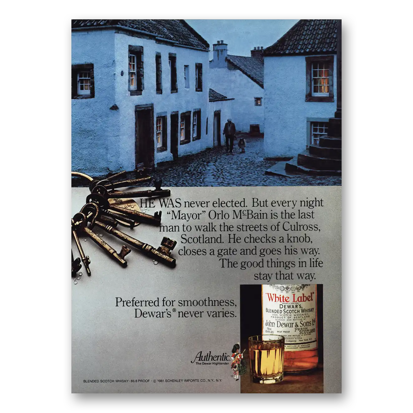 1982 Dewars White Label Mayor Orlo McBain Vintage Magazine Print Ad