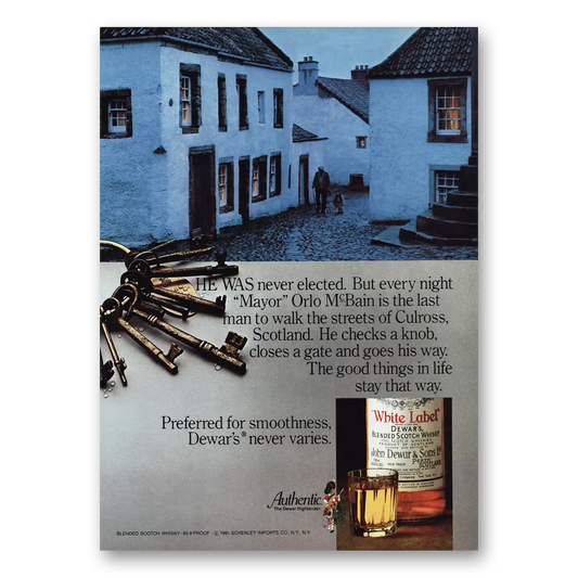 1982 Dewars White Label Mayor Orlo McBain Vintage Magazine Print Ad