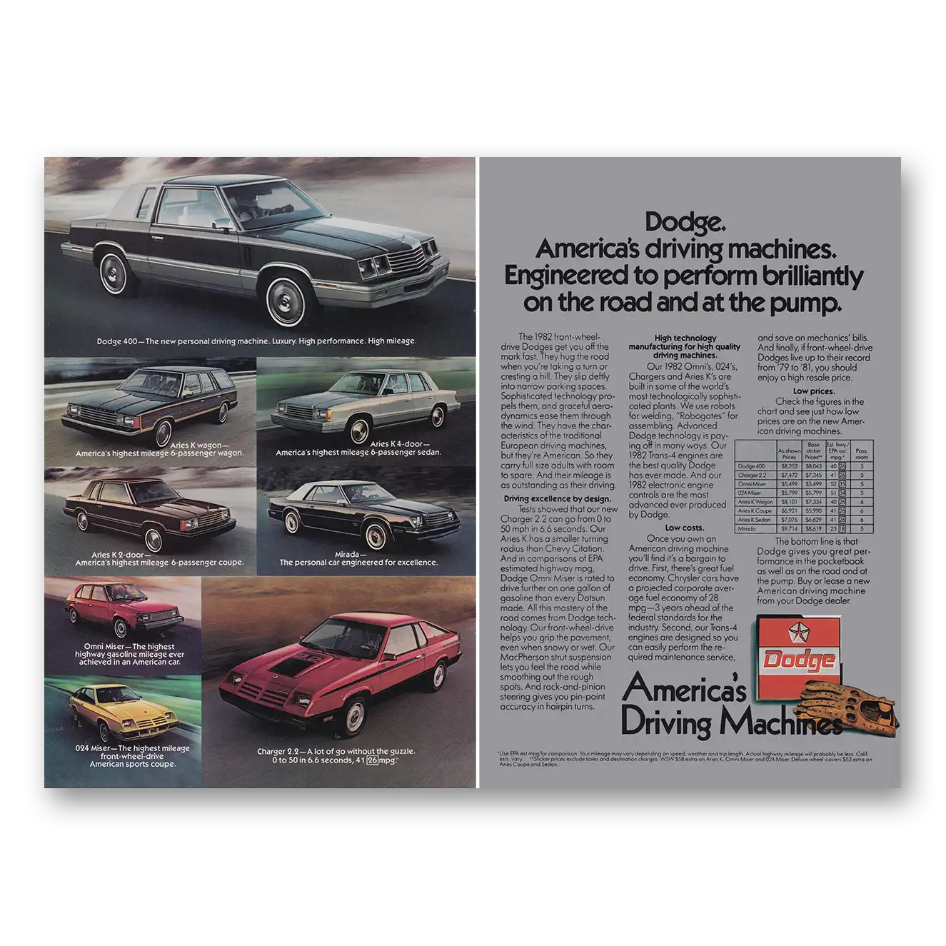 1982 Dodge Americas Driving Machines Vintage Magazine Print Ad