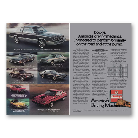 1982 Dodge Americas Driving Machines Vintage Magazine Print Ad