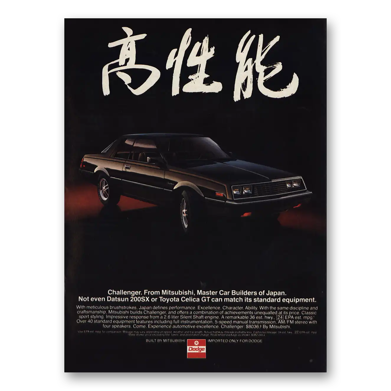 1982 Dodge Charger Not Even 200SX Vintage Magazine Print Ad