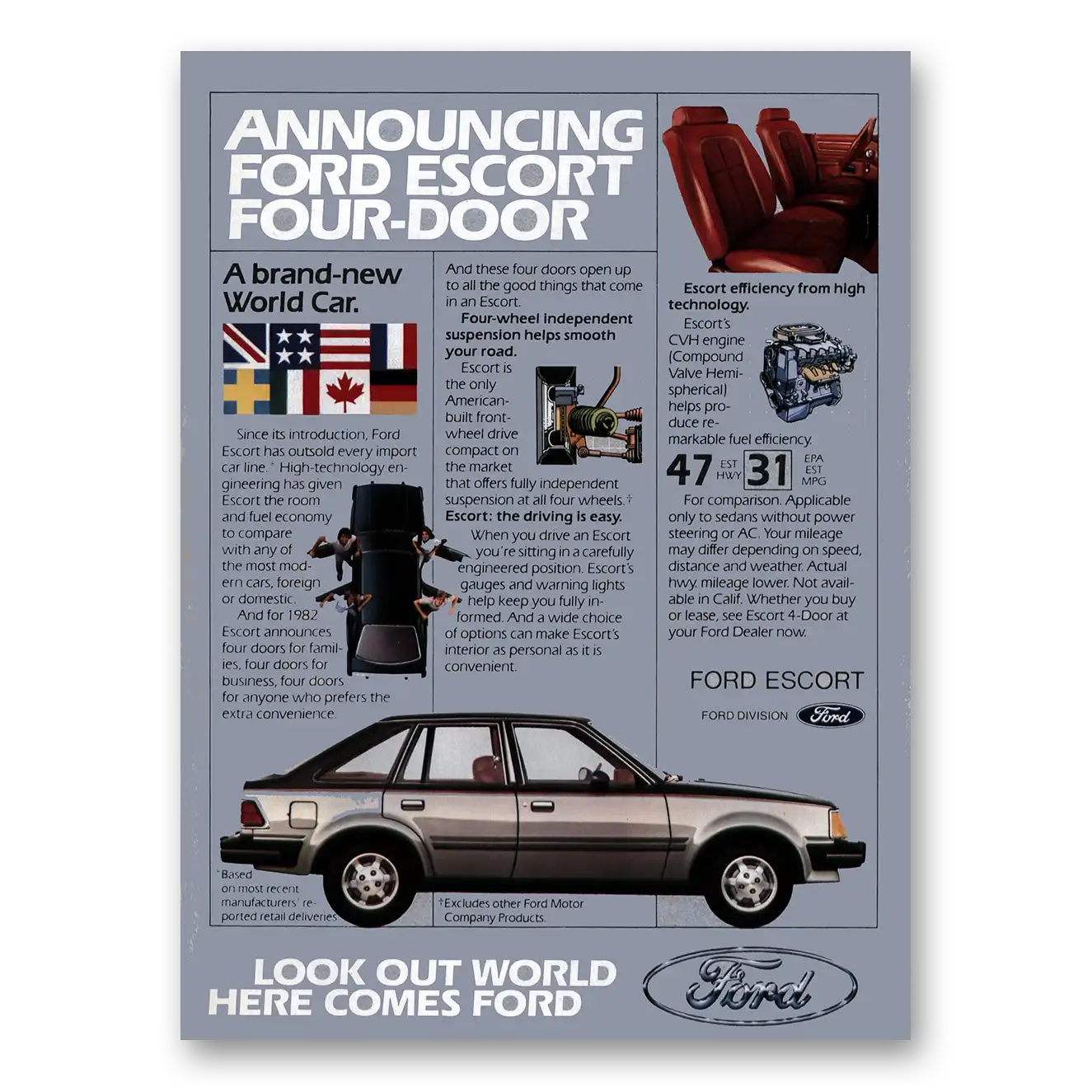 1982 Ford Escort Announcing Four Door Vintage Magazine Print Ad