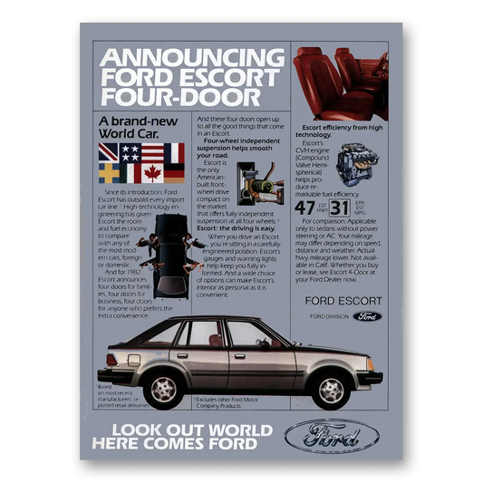 1982 Ford Escort Announcing Four Door Vintage Magazine Print Ad