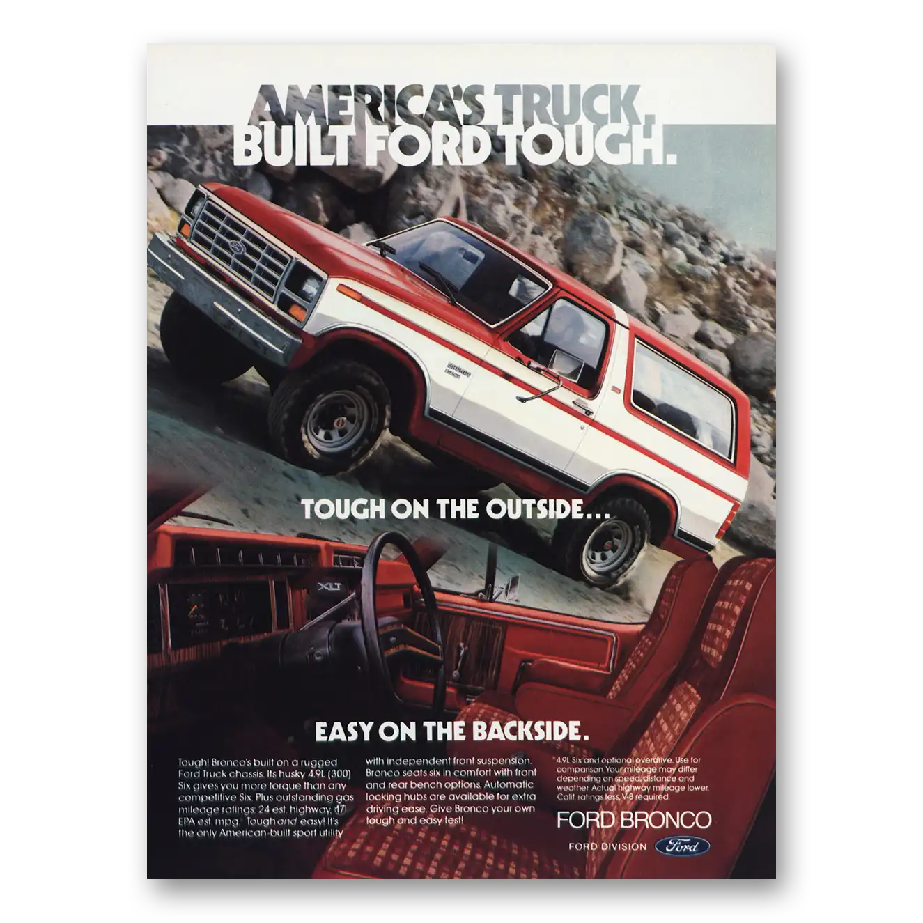 1982 Ford Bronco Tough On the Outside Easy On the Backside Vintage Magazine Print Ad