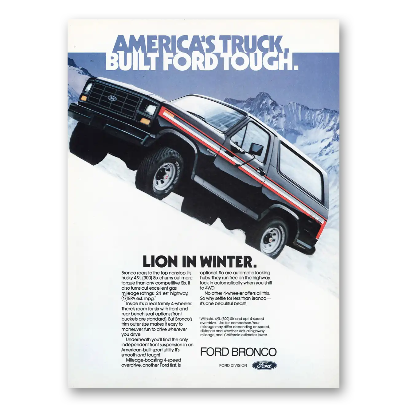 1982 Ford Bronco Lion In Winter Vintage Magazine Print Ad