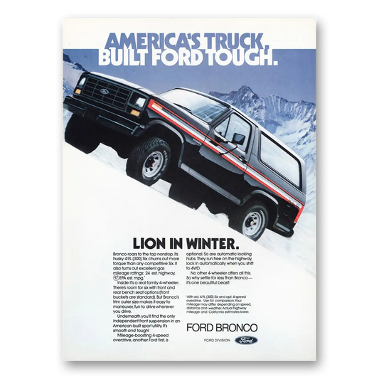 1982 Ford Bronco Lion In Winter Vintage Magazine Print Ad