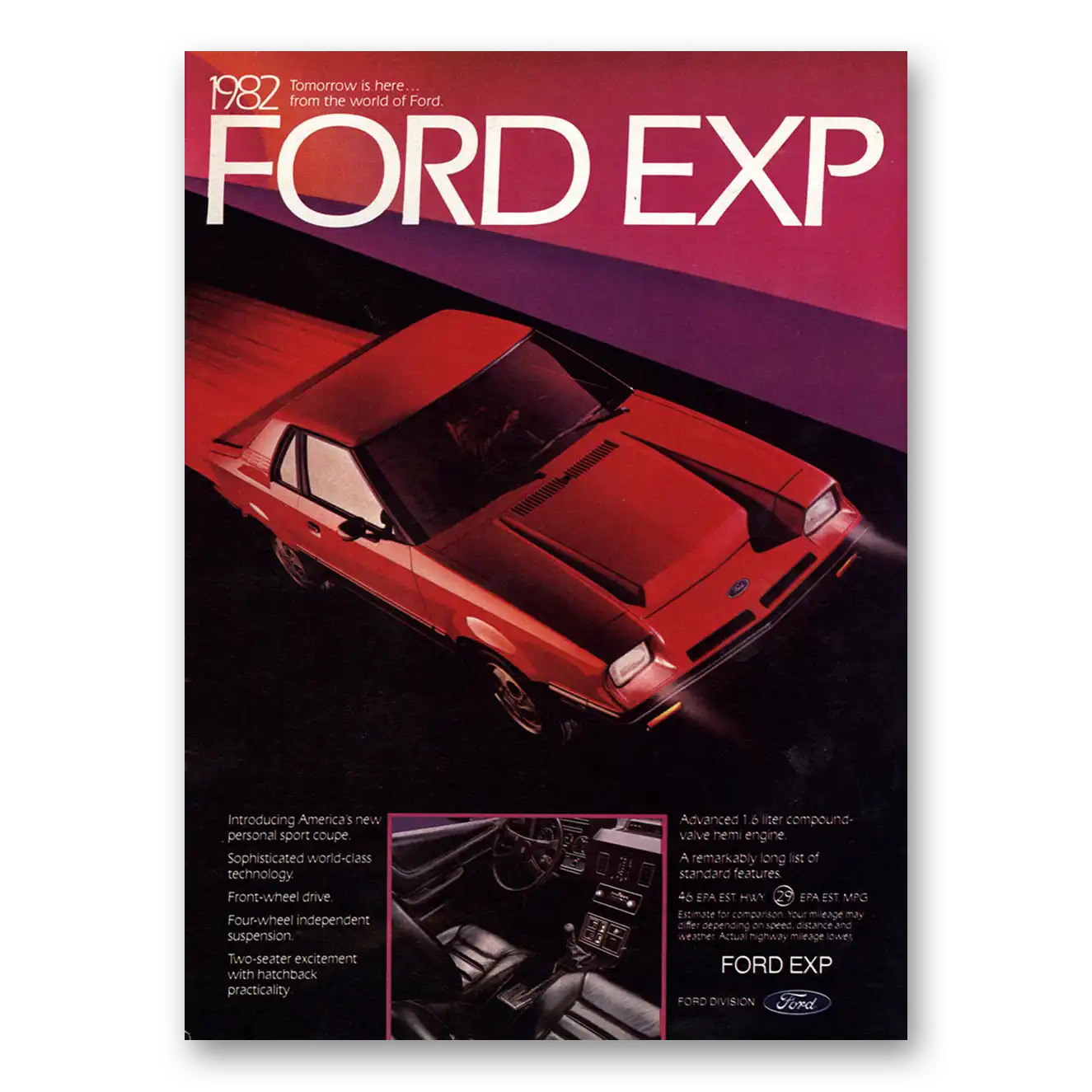 1982 Ford EXP EXP Tomorrow Is Here Vintage Magazine Print Ad