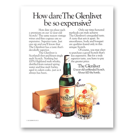 1982 Glenlivet How Dare the Glenlivet Be So Expensive Vintage Magazine Print Ad