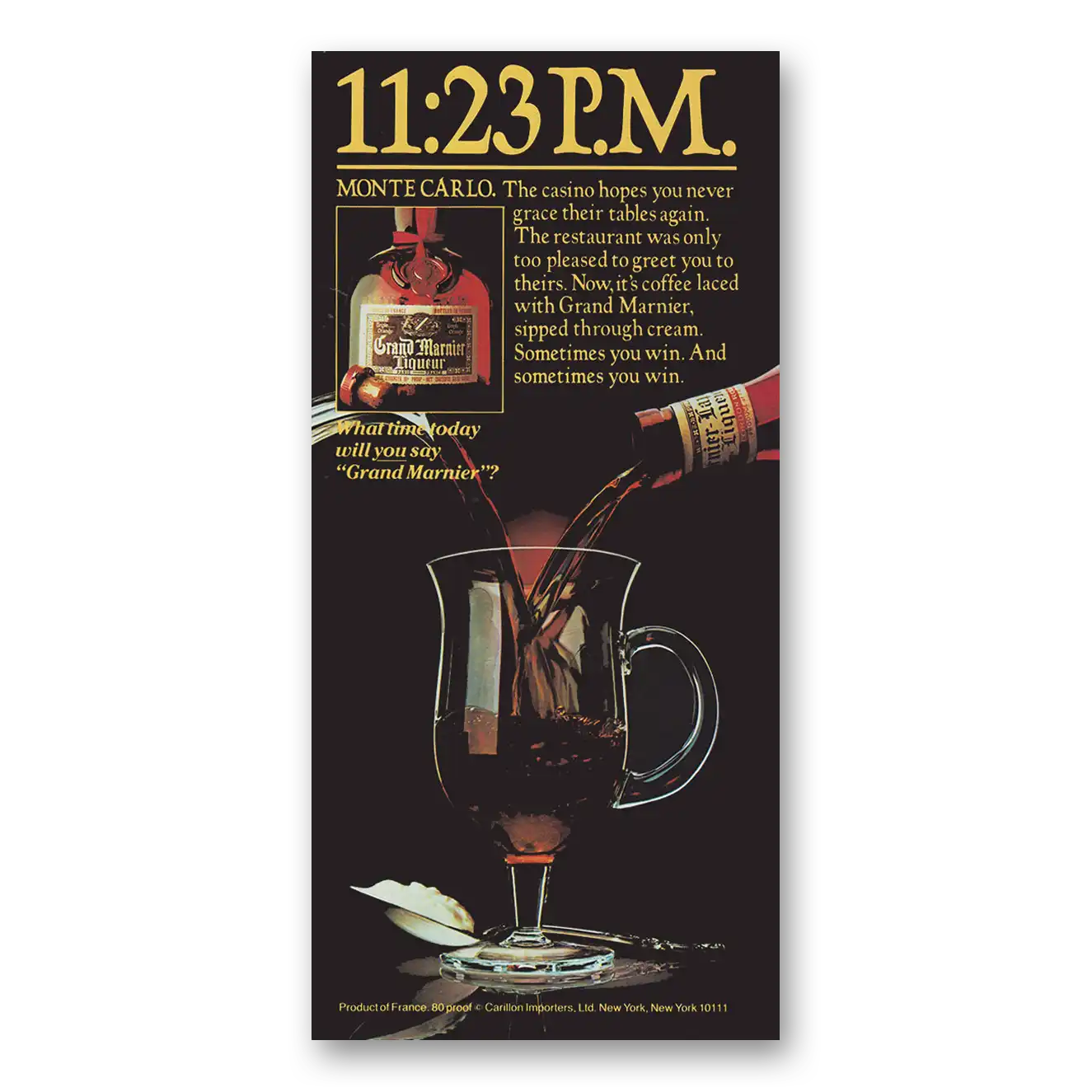 1982 Grand Marnier 11:23 PM Monte Carlo Vintage Magazine Print Ad