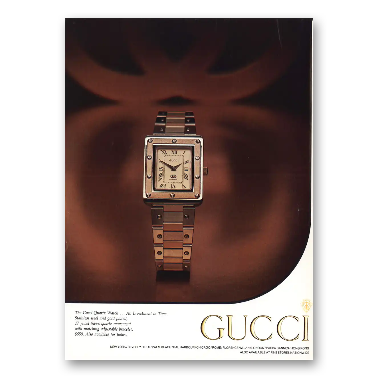 1982 Gucci Watches Quartz Watch Investment In Time Vintage Magazine Print Ad