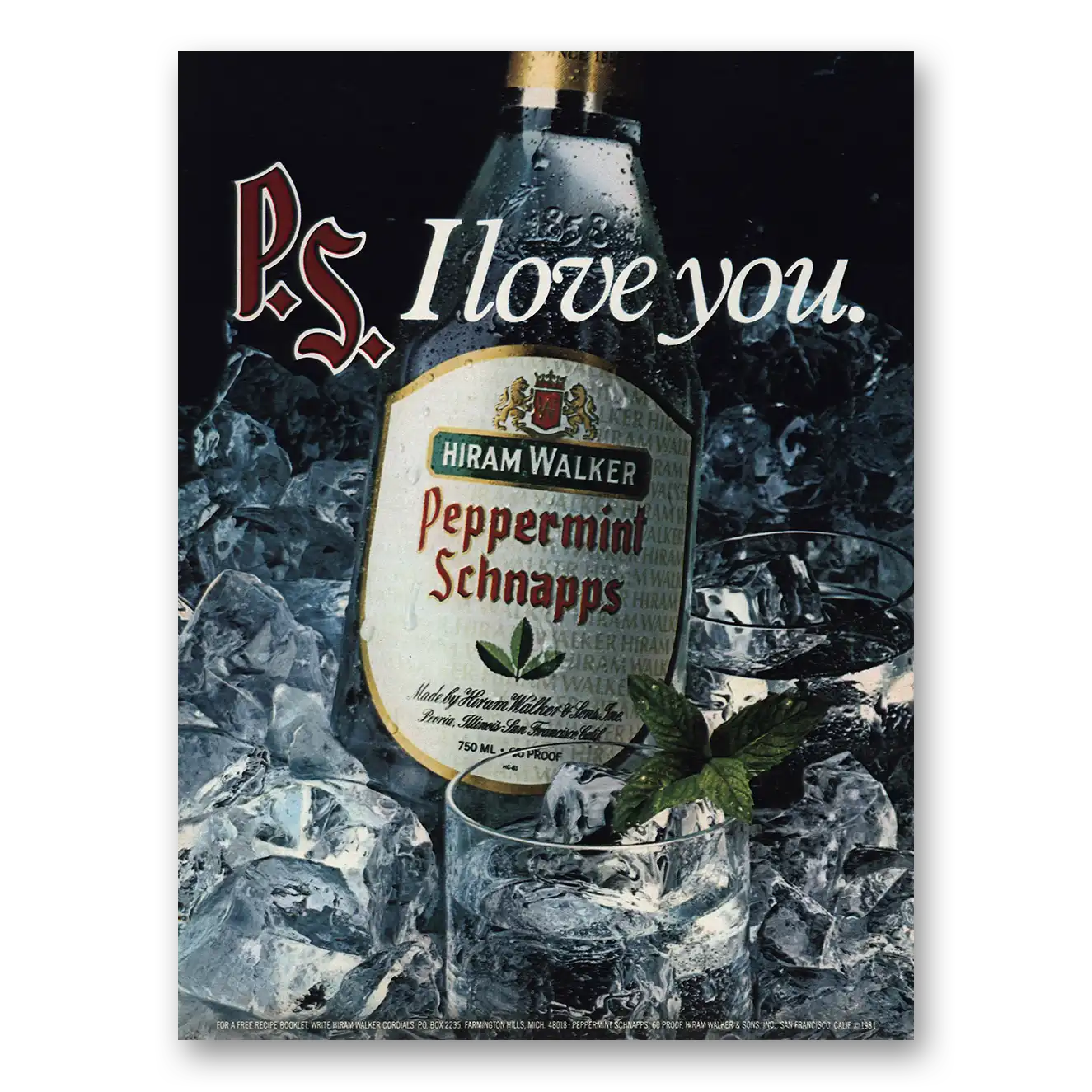 1982 Hiram Walker Peppermint Schnapps I Love You Vintage Magazine Print Ad