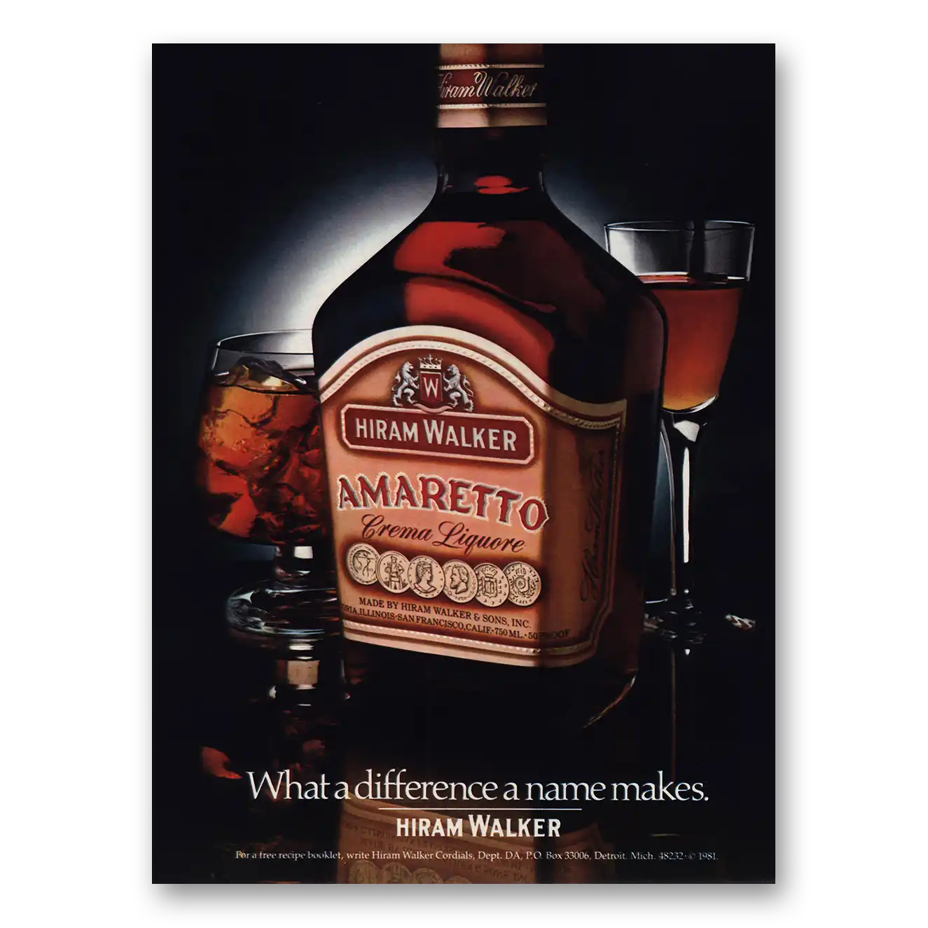 1982 Hiram Walker Amaretto What a Difference a Name Makes Vintage Magazine Print Ad