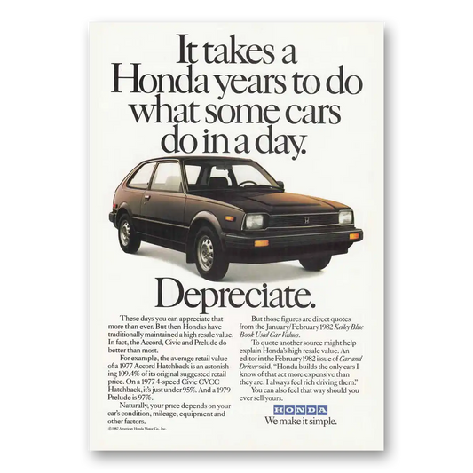 1982 Honda Accord Hatchback Depreciate Vintage Magazine Print Ad