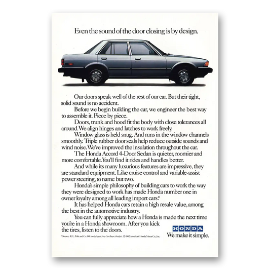 1982 Honda Accord Even the Sound of the Door Closing Vintage Magazine Print Ad