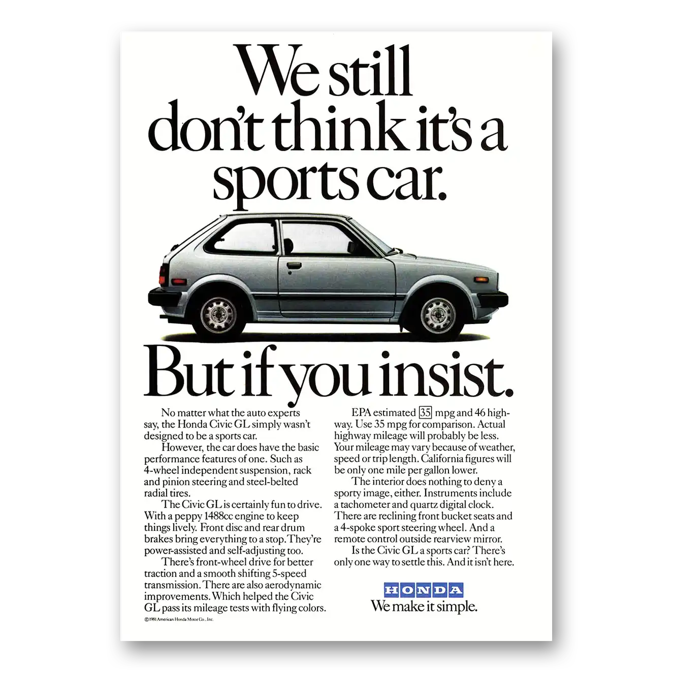 1982 Honda Civic GL Don't Think Its a Sports Car Vintage Magazine Print Ad