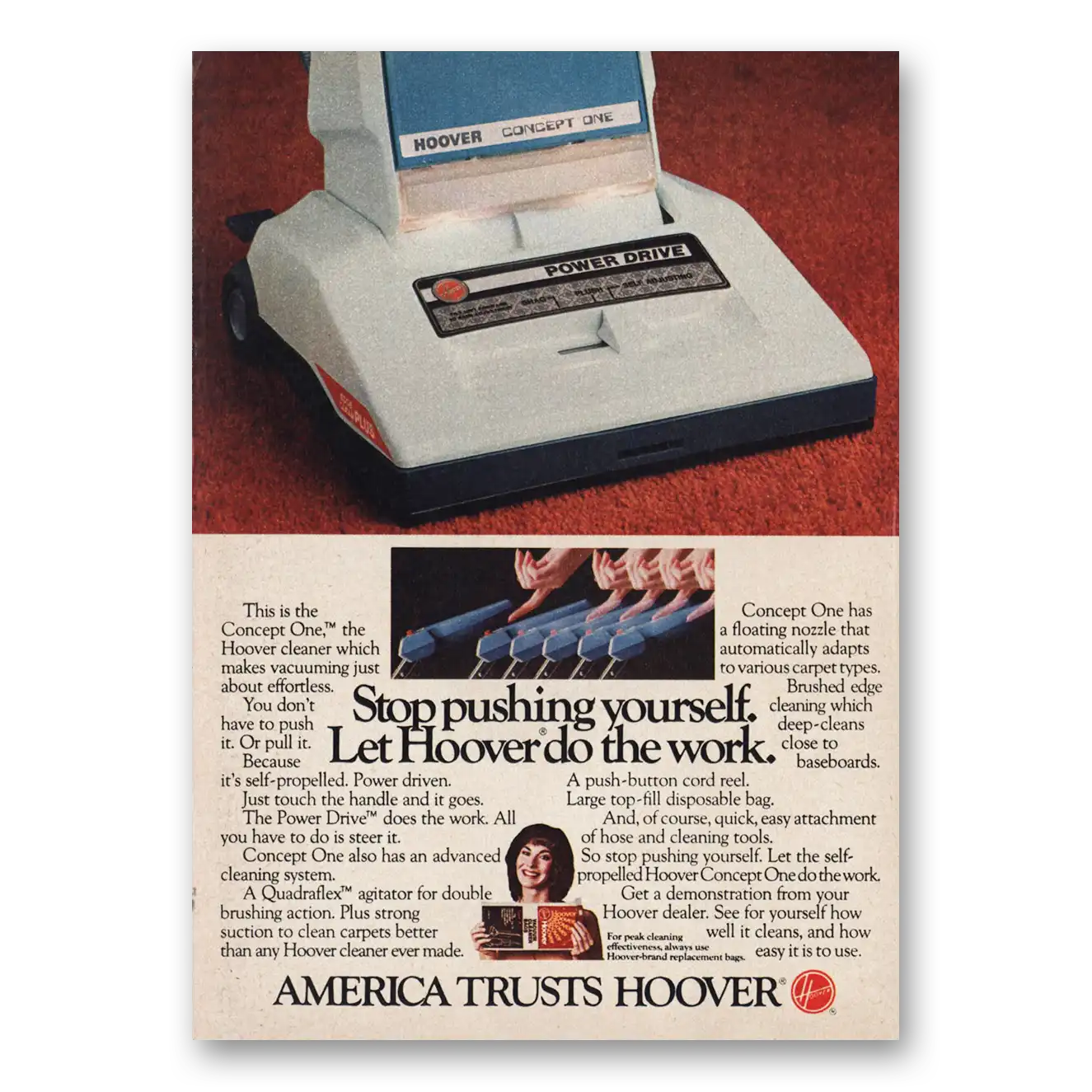 1982 Hoover Vacuum Stop Pushing Yourself Vintage Magazine Print Ad