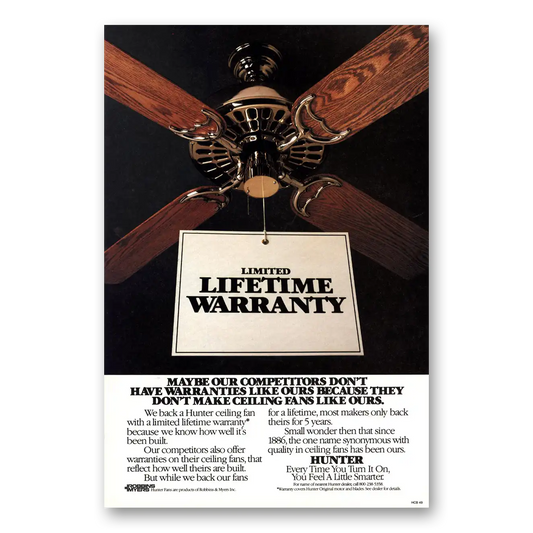 1982 Hunter Fans Fan Limited Lifetime Warranty Vintage Magazine Print Ad