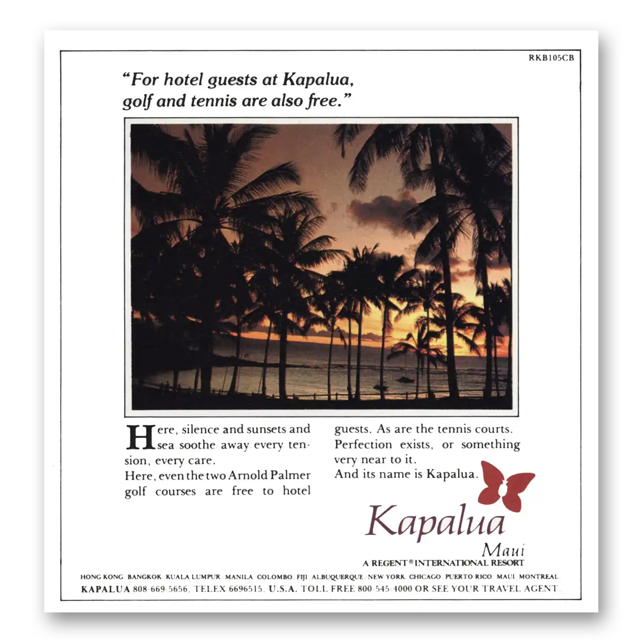 1982 Kapalua Maui Resort Golf and Tennis Are Also Free Vintage Magazine Print Ad