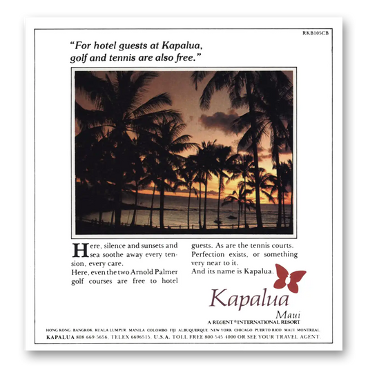 1982 Kapalua Maui Resort Golf and Tennis Are Also Free Vintage Magazine Print Ad