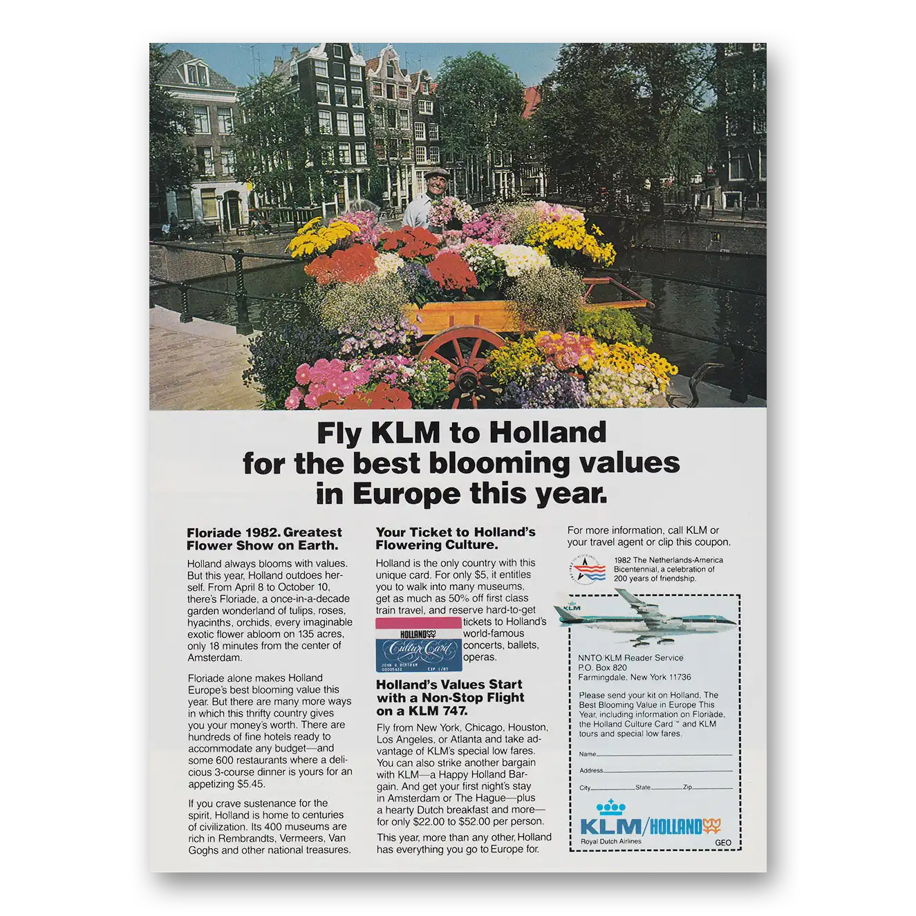 1982 KLM Royal Dutch Airlines Fly KLM to Holland for the Best Blooming Values Vintage Magazine Print Ad