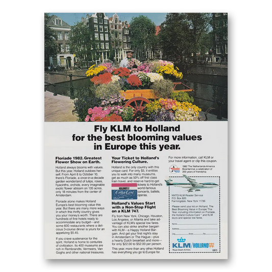 1982 KLM Royal Dutch Airlines Fly KLM to Holland for the Best Blooming Values Vintage Magazine Print Ad