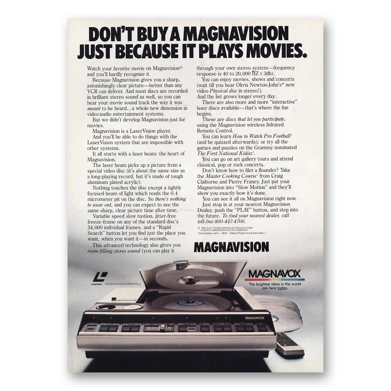 1982 Magnavox Magnavision Laser Player Just Because It Plays Movies Vintage Magazine Print Ad