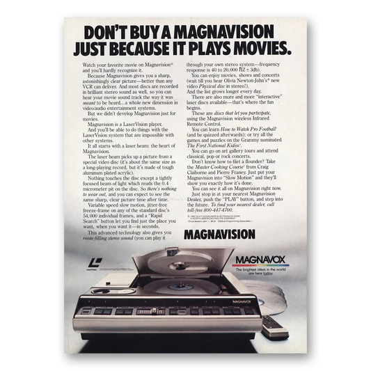 1982 Magnavox Magnavision Laser Player Just Because It Plays Movies Vintage Magazine Print Ad