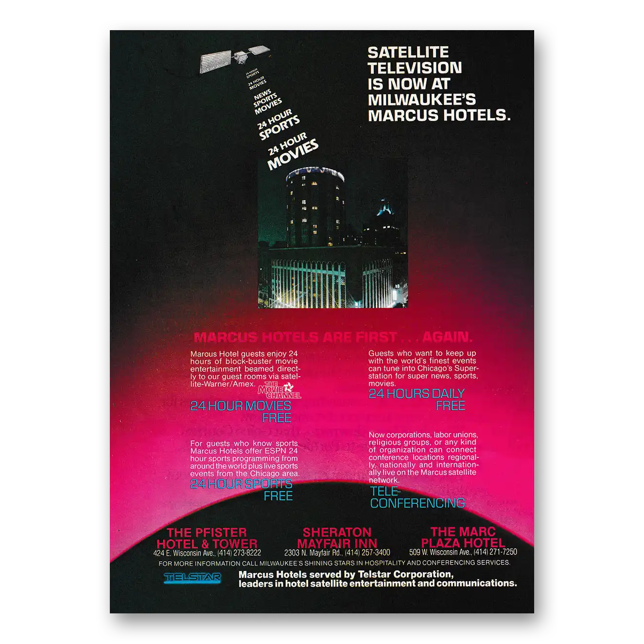 1982 Marcus Hotel Satellite Television Is Now at Milwaukees Marcus Hotels Vintage Magazine Print Ad