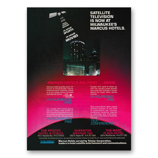 1982 Marcus Hotel Satellite Television Is Now at Milwaukees Marcus Hotels Vintage Magazine Print Ad