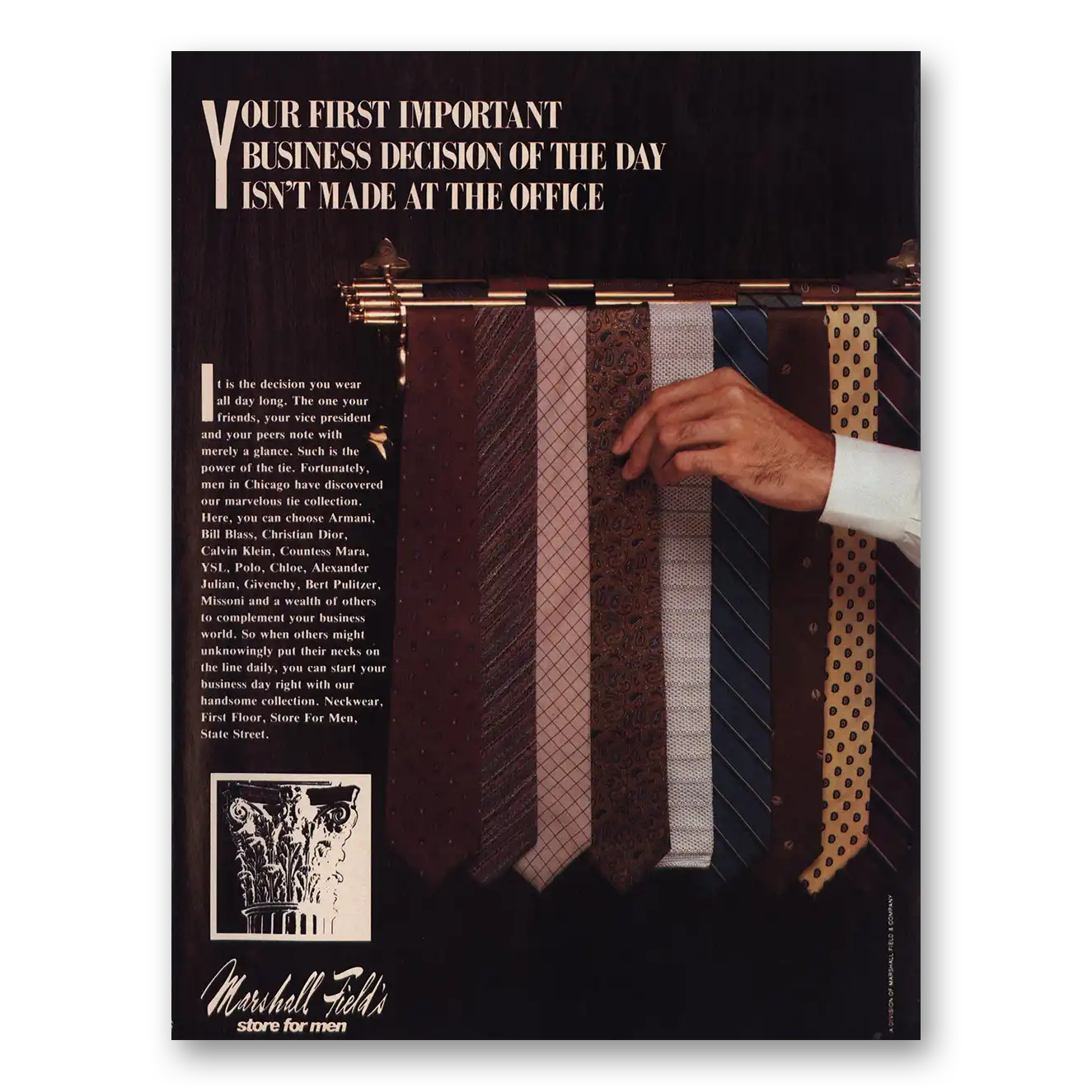 1982 Marshall Field Store for Men First Important Business Decision Ties Vintage Magazine Print Ad