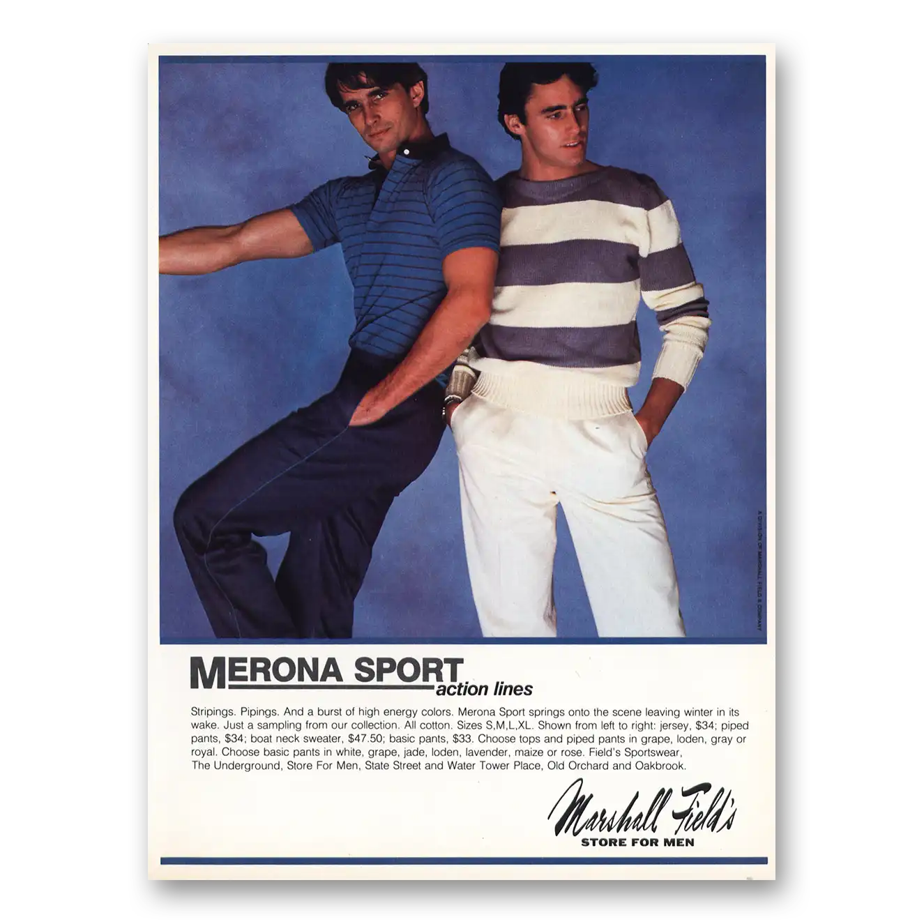 1982 Merona Sport Fashion Stripings Pipings High Energy Colors Vintage Magazine Print Ad