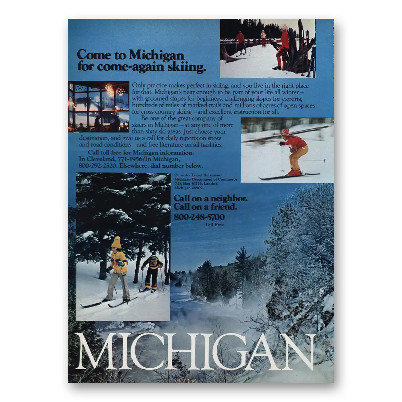 1982 Michigan Come to Michigan Come Again Skiing Vintage Magazine Print Ad