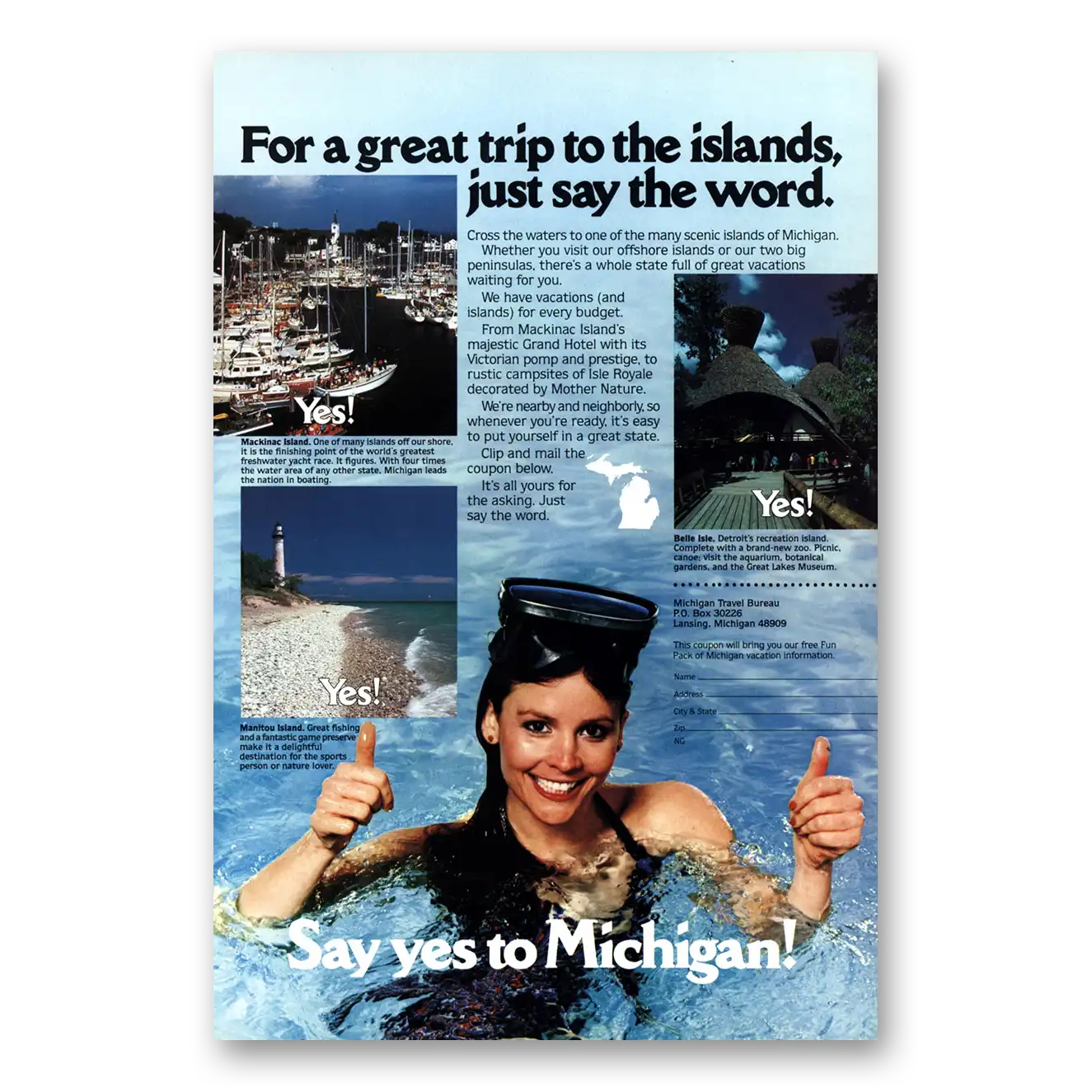 1982 Michigan Great Trips to the Islands Vintage Magazine Print Ad