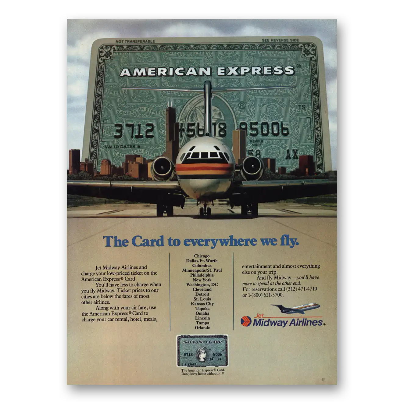 1982 American Express Midway Airlines Card to Everywhere We Fly Vintage Magazine Print Ad