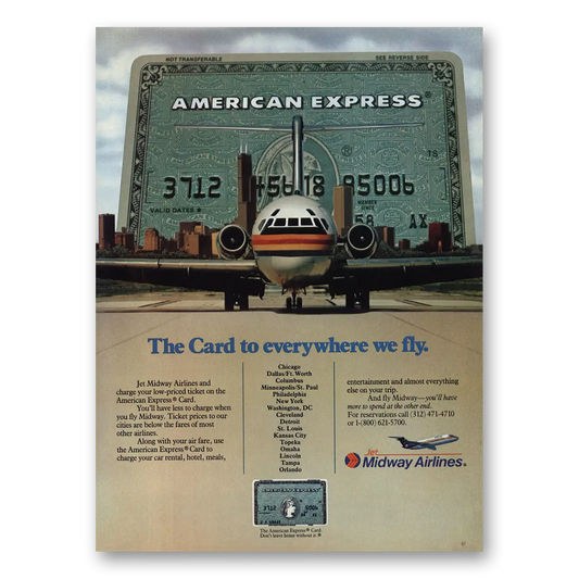 1982 American Express Midway Airlines Card to Everywhere We Fly Vintage Magazine Print Ad