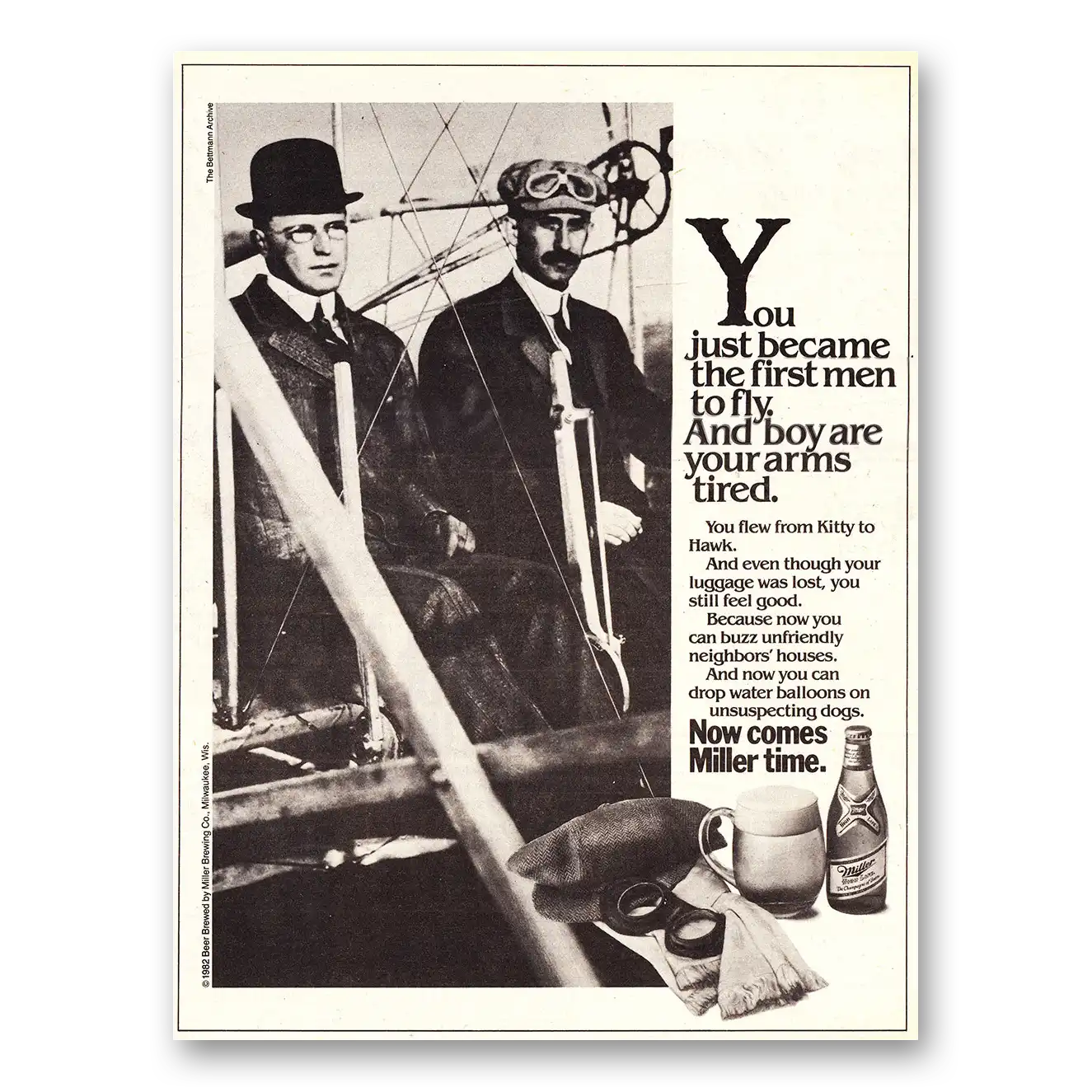 1982 Miller Beer First Men to Fly Vintage Magazine Print Ad