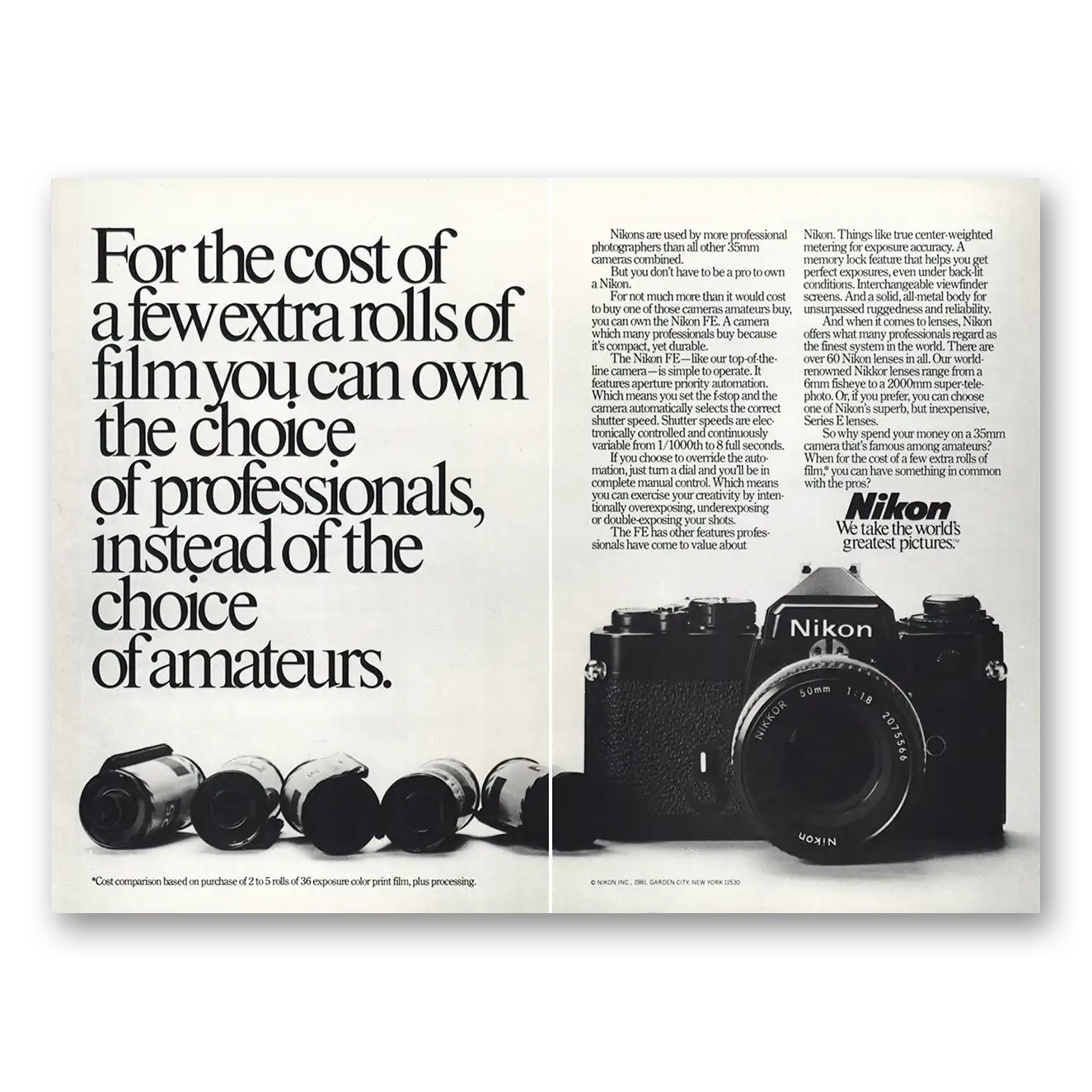 1982 Nikon Camera For the Cost of Few Extra Rolls Vintage Magazine Print Ad