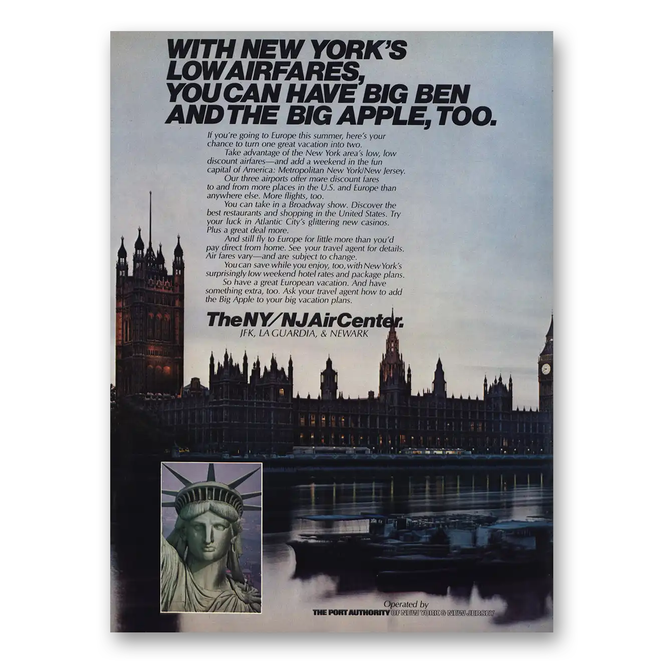 1982 Port Authority NY NJ Air Center New York Big Ben and Big Apple Vintage Magazine Print Ad