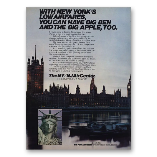 1982 Port Authority NY NJ Air Center New York Big Ben and Big Apple Vintage Magazine Print Ad