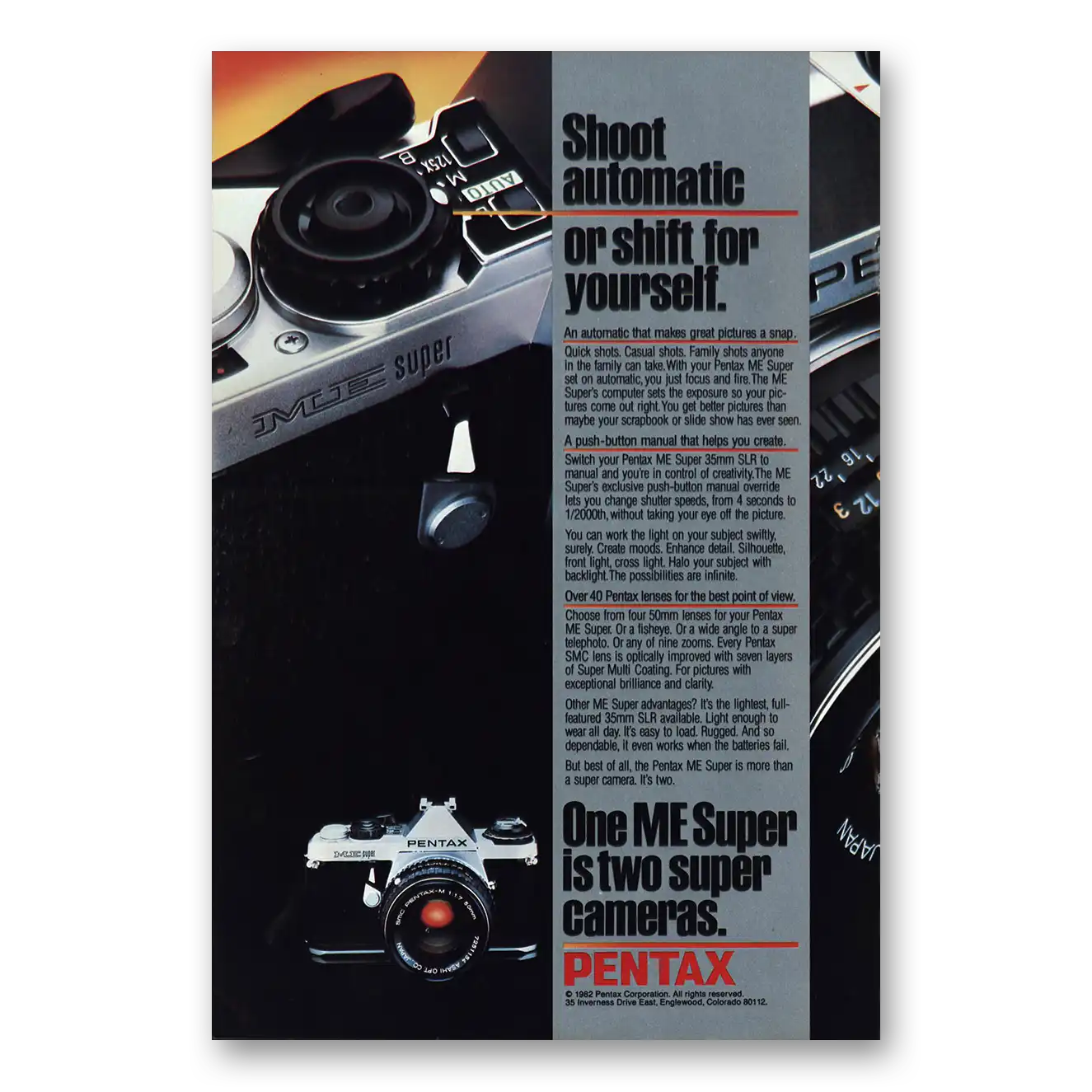 1982 Pentax Camera ME Camera Shoot Automatic or Shift Vintage Magazine Print Ad