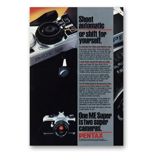 1982 Pentax Camera ME Camera Shoot Automatic or Shift Vintage Magazine Print Ad