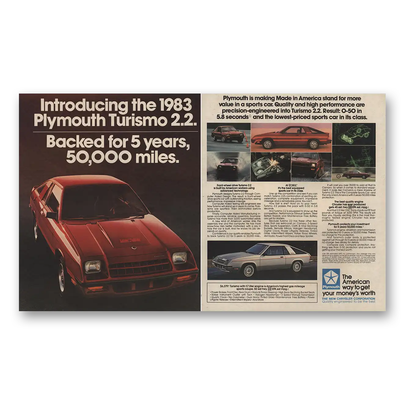 1982 Plymouth Turismo Backed for 5 Years Vintage Magazine Print Ad