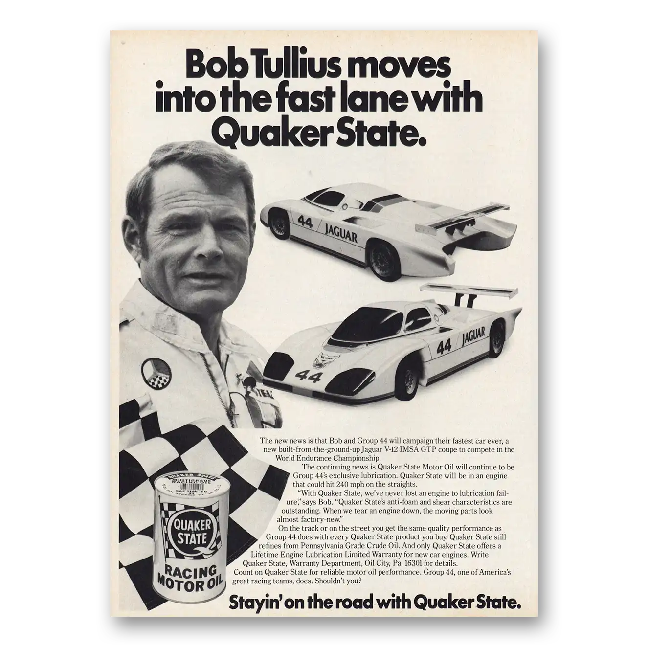 1982 Quaker State Motor Oil Bob Tullius Fast Lane Vintage Magazine Print Ad