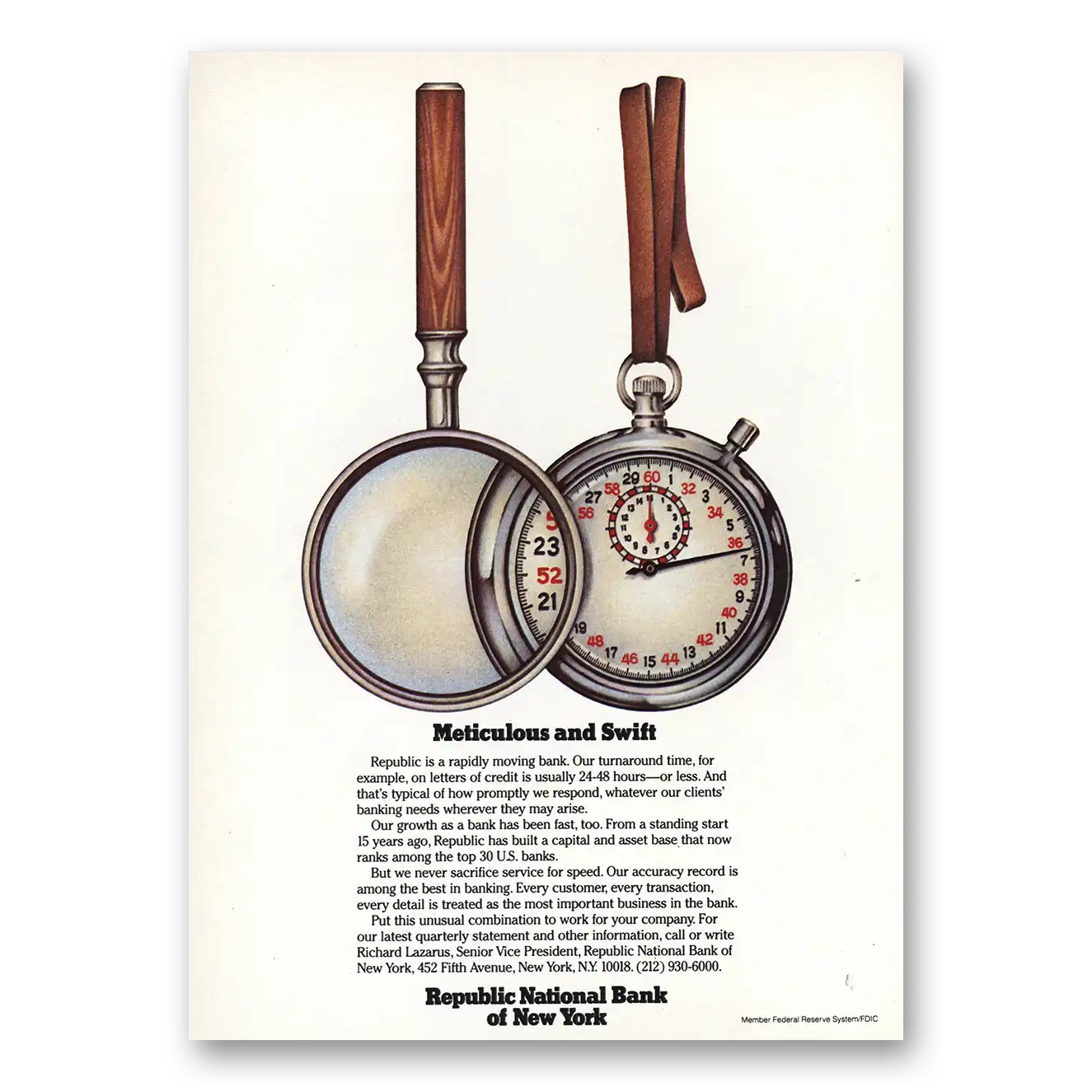 1982 Republic National Bank Meticulous and Swift Vintage Magazine Print Ad