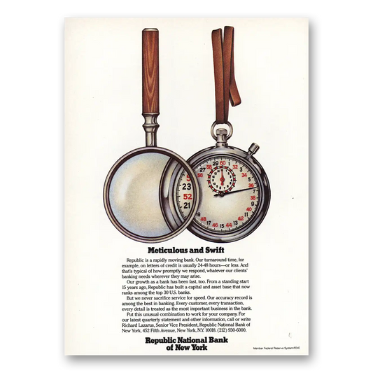 1982 Republic National Bank Meticulous and Swift Vintage Magazine Print Ad