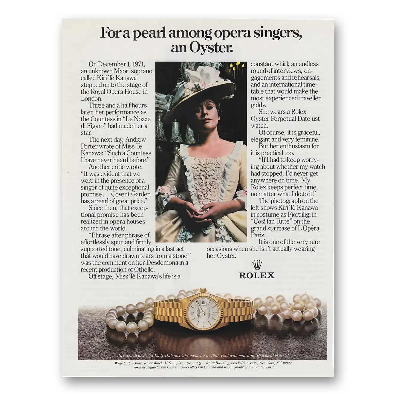 1982 Rolex For a Pearl Among Opera Singers Vintage Magazine Print Ad