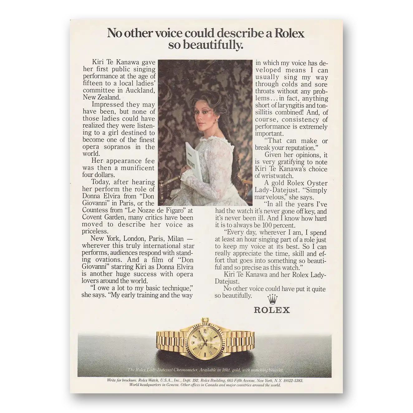 1982 Rolex No Other Voice Could Describe a Rolex So Beautifully Kiri Te Kanawa Vintage Magazine Print Ad