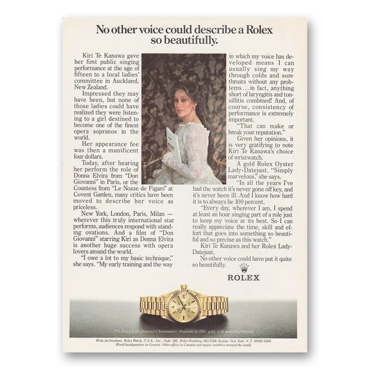 1982 Rolex No Other Voice Could Describe a Rolex So Beautifully Kiri Te Kanawa Vintage Magazine Print Ad