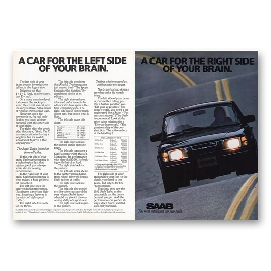 1982 Saab Car for Left Side of Your Brain Vintage Magazine Print Ad