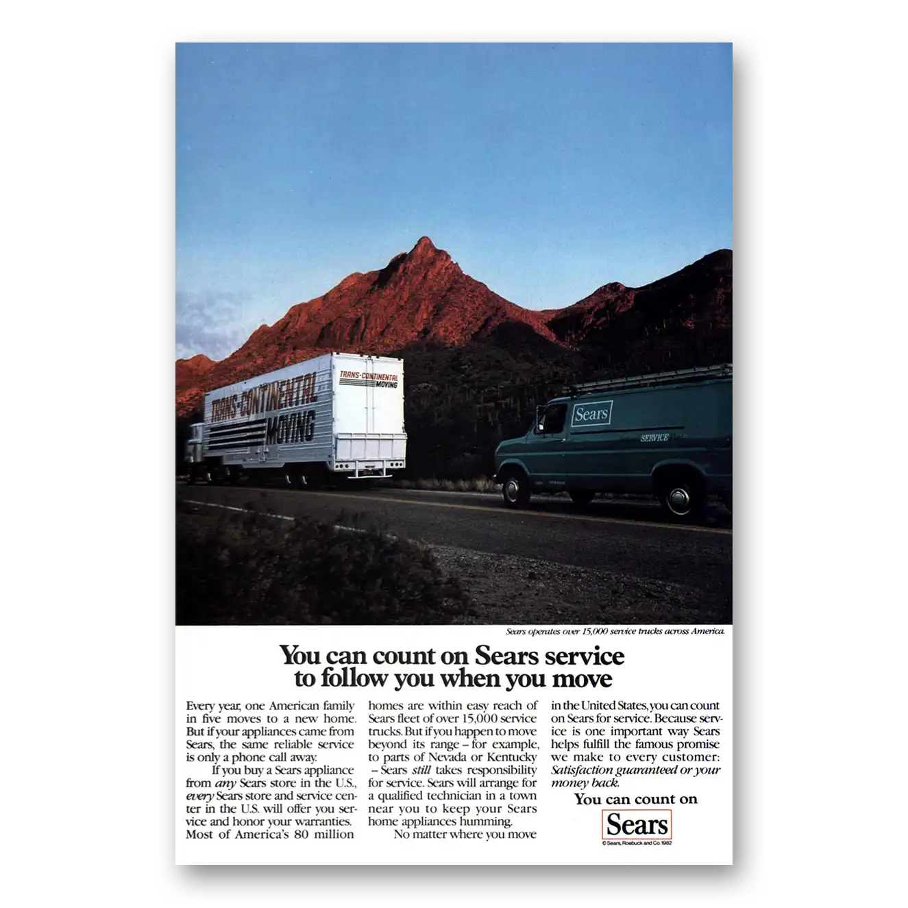 1982 Sears Service Count on Sears Service To Follow You Vintage Magazine Print Ad